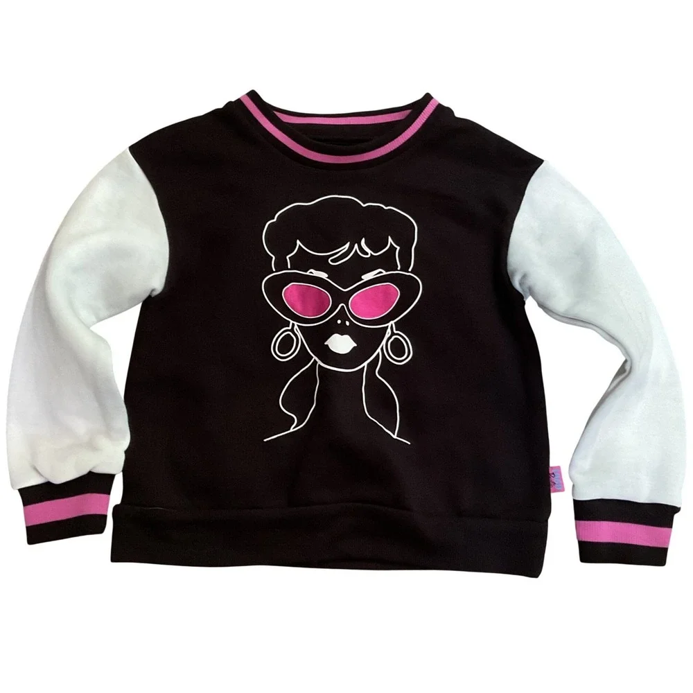 Barbie Kids Black White Colorblock Graphic Sweatshirt Pink Sunglasses Size S